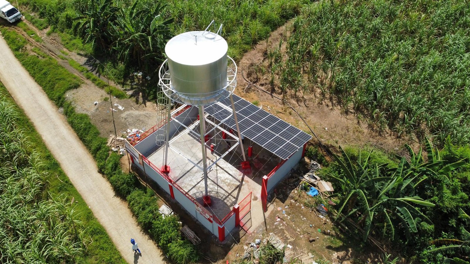 Solar panels installed on a farm water tower