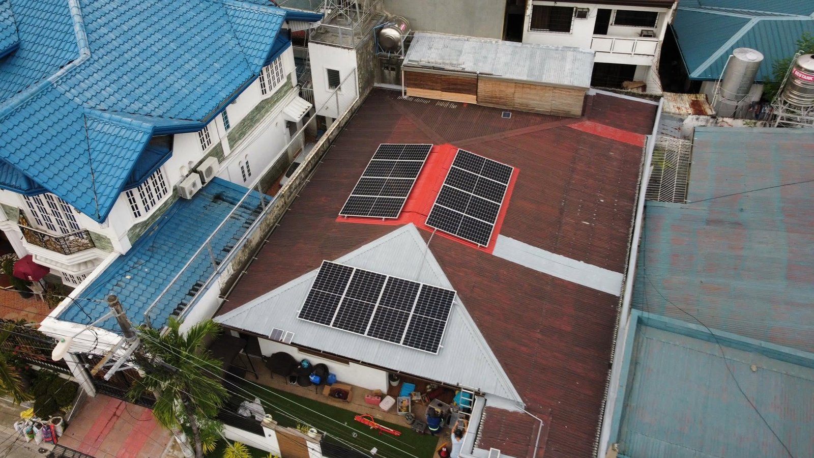 Aerial view of solar panels on a residential rooftop