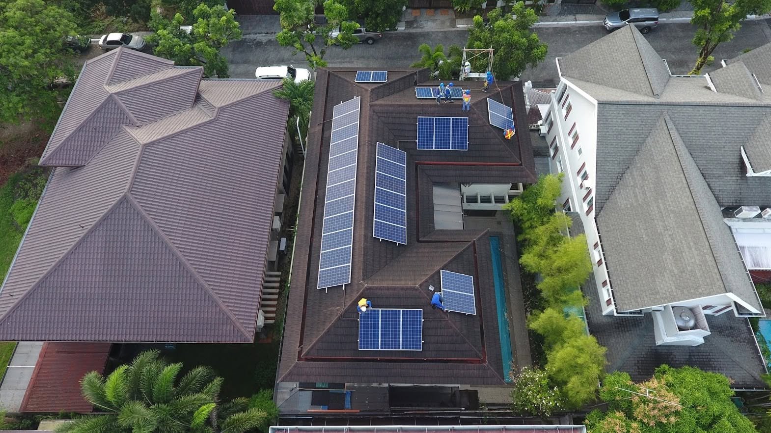 Aerial view of a house with a solar array